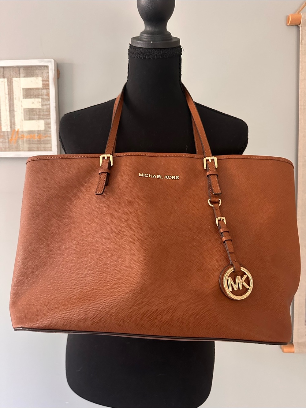 Michael Kors Cognac Saffiano Leather Tote with Gold MK Charm